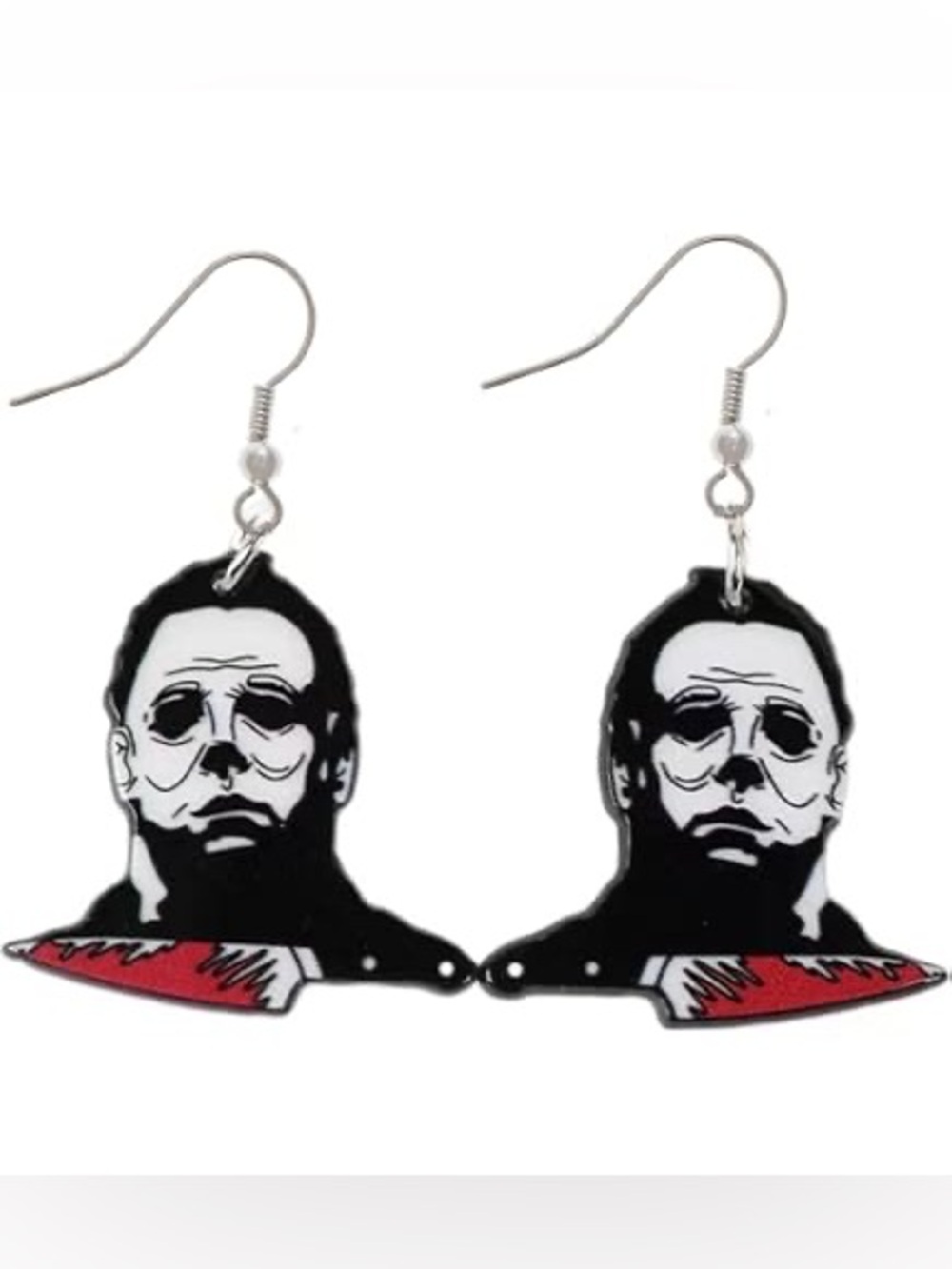 Halloween Michael Myers Black & White Dangle Earrings with Red Knife Accent